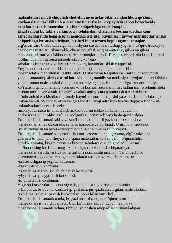 Mavzu: Jun va kimyoviy tolalardan ip ishlab chiqish. Jun va kimyoviy tolalardan yigirilgan iplarni asortimenti va ularni axamiyati. 2