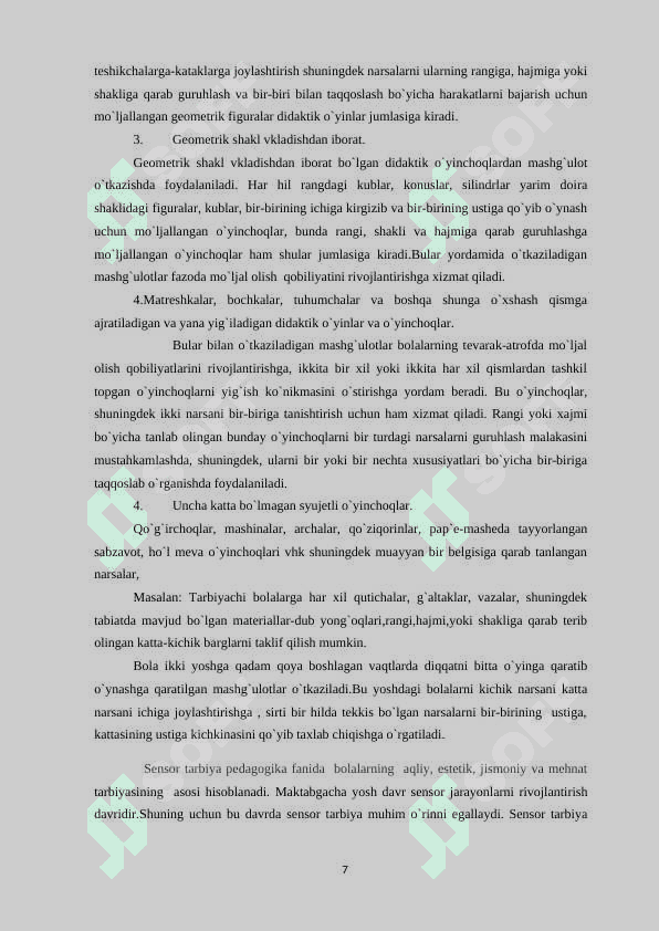MAKTABGACHA TA’LIM TASHKILOTLARIDA KICHIK GURUH YOSHIDAGI BOLALARNING MATEMATIK TASAVVURLARINI SHAKLLANTIRISH 7