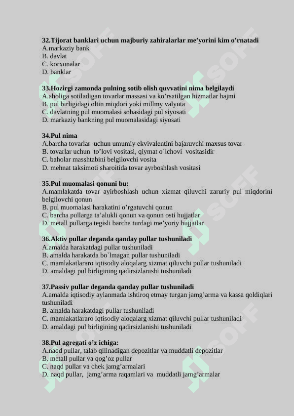 Pul va banklar fanidan  test savollari 7