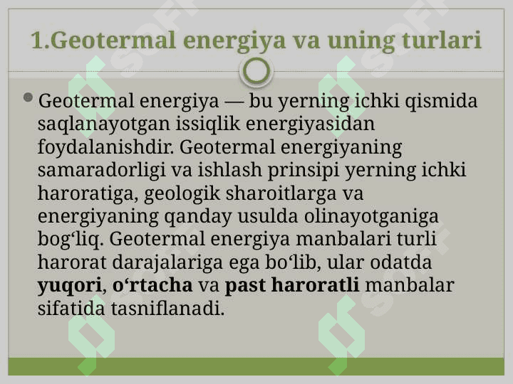 Yer energiyasidan foydalanib binolarni isitish va sovutish. 7