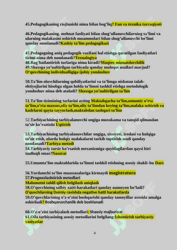 Tarbiyaviy ishlar metodikasi fanidan savollar (javoblari bilan) 4