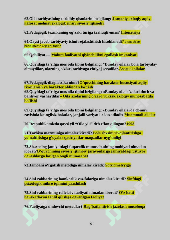 Tarbiyaviy ishlar metodikasi fanidan savollar (javoblari bilan) 5
