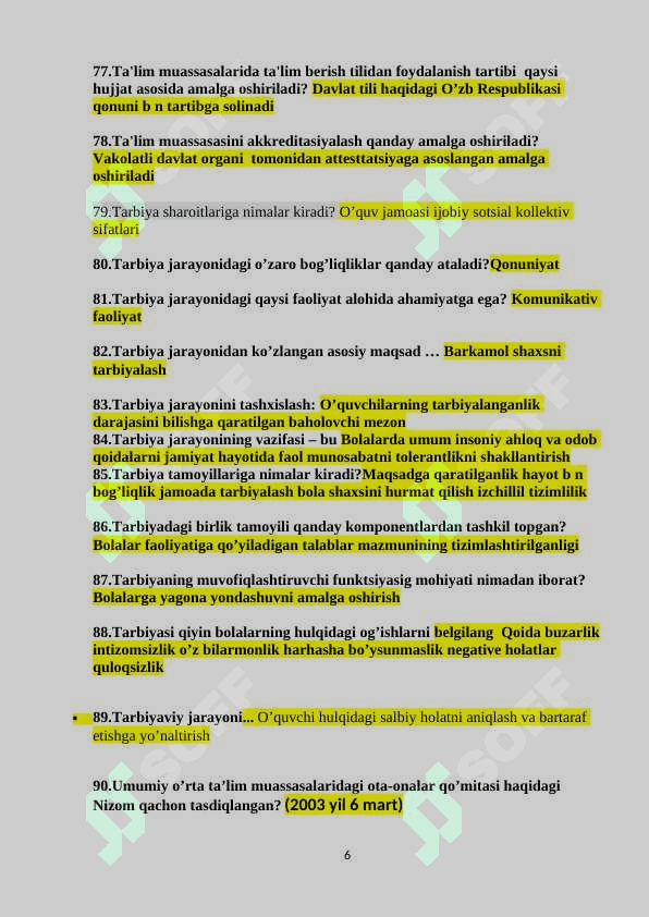 Tarbiyaviy ishlar metodikasi fanidan savollar (javoblari bilan) 6