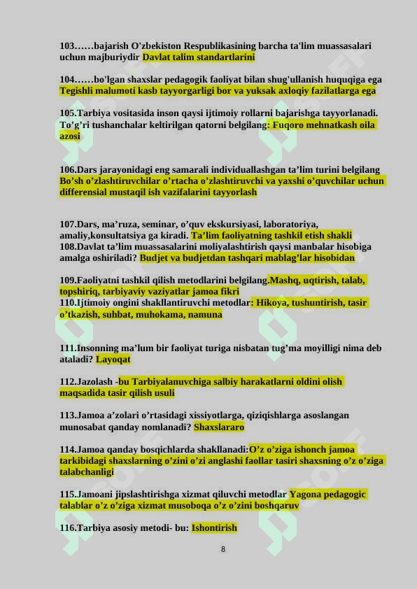 Tarbiyaviy ishlar metodikasi fanidan savollar (javoblari bilan) 8