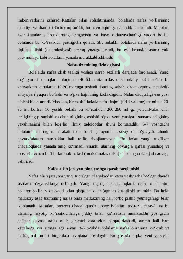 Bolalarda nafas tizimining anatomo- fiziologik xususiyatlari. Bolalarda nafas tizimi kasalliklarini semiotikasi va sindromlari. JSST ning BKIUOB strategiyasiga ko’ra yo’tal yoki nafas kiyinchiligi bo’lgan bolalar 4