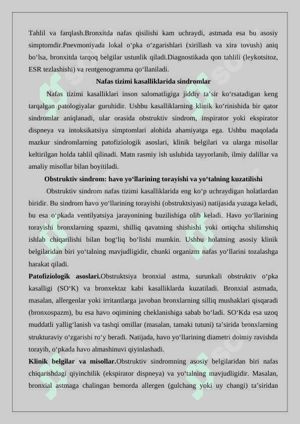 Bolalarda nafas tizimining anatomo- fiziologik xususiyatlari. Bolalarda nafas tizimi kasalliklarini semiotikasi va sindromlari. JSST ning BKIUOB strategiyasiga ko’ra yo’tal yoki nafas kiyinchiligi bo’lgan bolalar 8