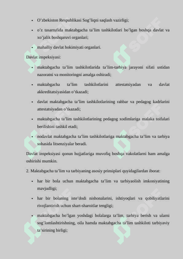 O‘zbekiston Respublikasining “Maktabgacha ta’lim va tarbiya” to‘g‘risidagi qonuni. Maktabgacha ta’lim tashkilotlarining ish hujjatlari, ilmiy-tadqiqot ishlarining mazmuni, mohiyati. Maktabgacha ta’lim tizimida kadrlarni tayyorlash va sohaga qabul qilishga qo‘yiladigan talablar. Ilk qadam”davlat o‘quv dasturi asosida maktabgacha ta’lim tashkilotlarida faoliyat markazlarida ta’lim jarayonlarini tashkil qilish. 3