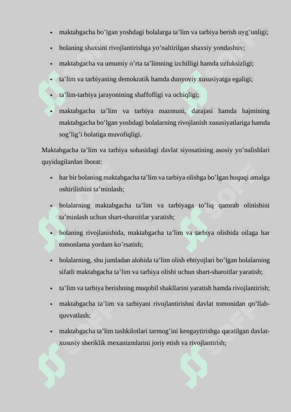O‘zbekiston Respublikasining “Maktabgacha ta’lim va tarbiya” to‘g‘risidagi qonuni. Maktabgacha ta’lim tashkilotlarining ish hujjatlari, ilmiy-tadqiqot ishlarining mazmuni, mohiyati. Maktabgacha ta’lim tizimida kadrlarni tayyorlash va sohaga qabul qilishga qo‘yiladigan talablar. Ilk qadam”davlat o‘quv dasturi asosida maktabgacha ta’lim tashkilotlarida faoliyat markazlarida ta’lim jarayonlarini tashkil qilish. 4