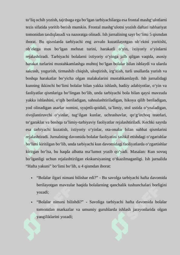 O‘zbekiston Respublikasining “Maktabgacha ta’lim va tarbiya” to‘g‘risidagi qonuni. Maktabgacha ta’lim tashkilotlarining ish hujjatlari, ilmiy-tadqiqot ishlarining mazmuni, mohiyati. Maktabgacha ta’lim tizimida kadrlarni tayyorlash va sohaga qabul qilishga qo‘yiladigan talablar. Ilk qadam”davlat o‘quv dasturi asosida maktabgacha ta’lim tashkilotlarida faoliyat markazlarida ta’lim jarayonlarini tashkil qilish. 8