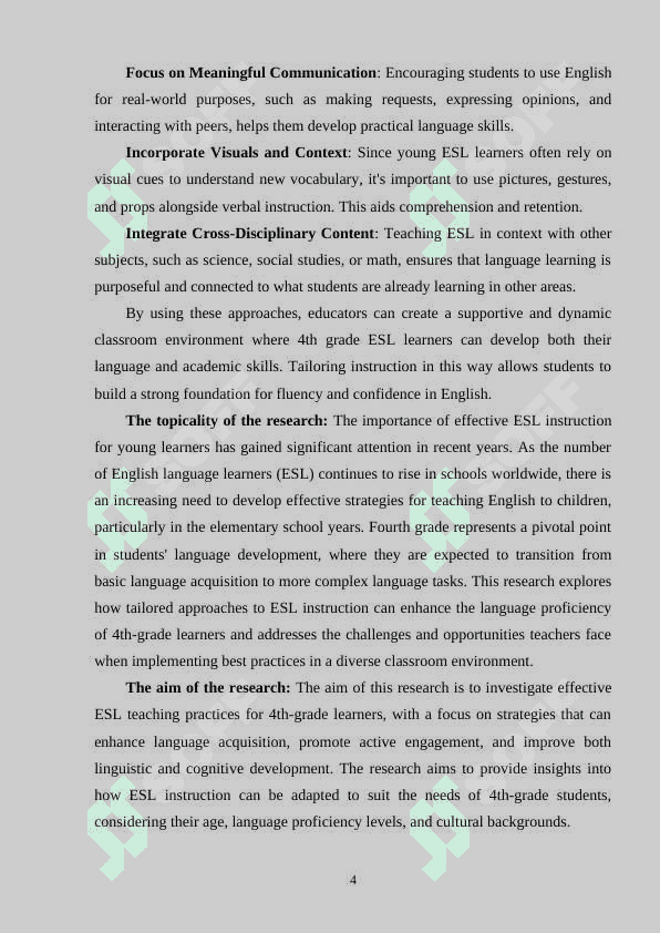 BEST PRACTICES FOR ESL INSTRUCTION: TAILORING APPROACHES FOR 4 TH GRADE LEARNERS 4