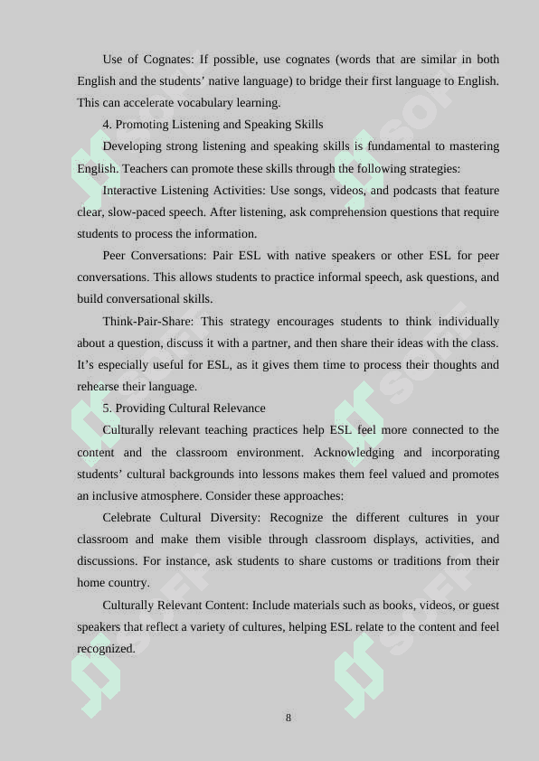 BEST PRACTICES FOR ESL INSTRUCTION: TAILORING APPROACHES FOR 4 TH GRADE LEARNERS 8