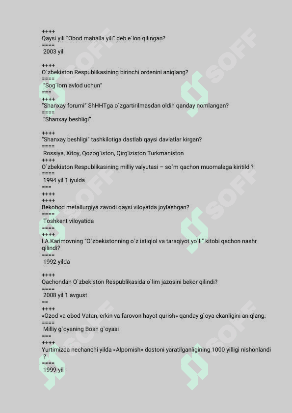 tarix fanidan 100 testlar javoblari bilan 2