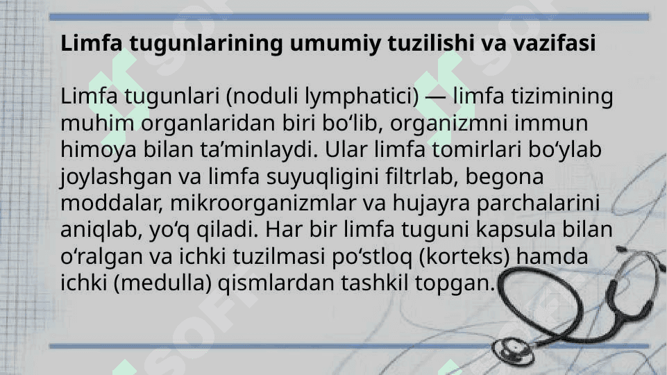 Limfa tugunlari. Birlamchi va ikkilamchi limfa tugunchalari (follikullar) tuzilishi va hujayraviy tarkibi. Limfa tugunlarining yoshga ko‘ra o‘zgarishi va regeneratsiyasi 3