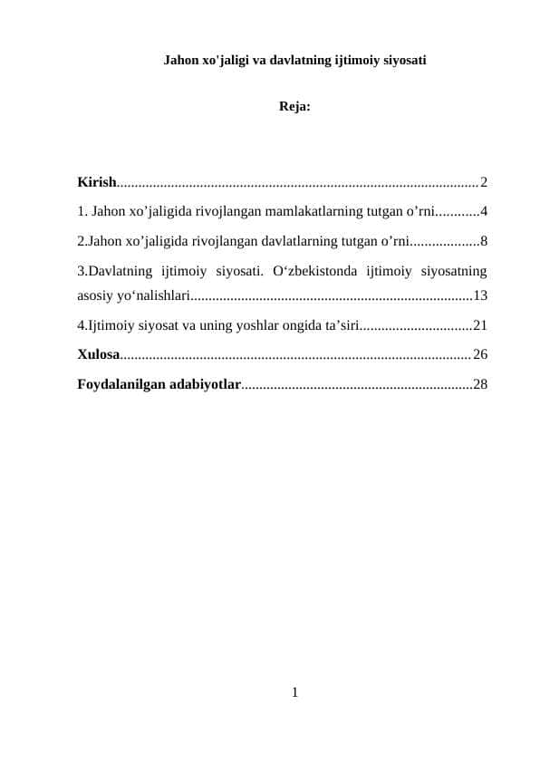 Jahon xo'jaligi va davlatning ijtimoiy siyosati
