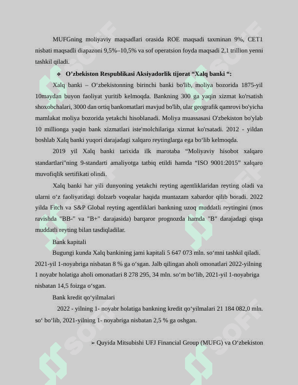 Mitsubishi UFJ Financial Group va O’zbekiston  Respublikasi aksiyadorlik  tijorat  “Xalqbanki" tahlili 2