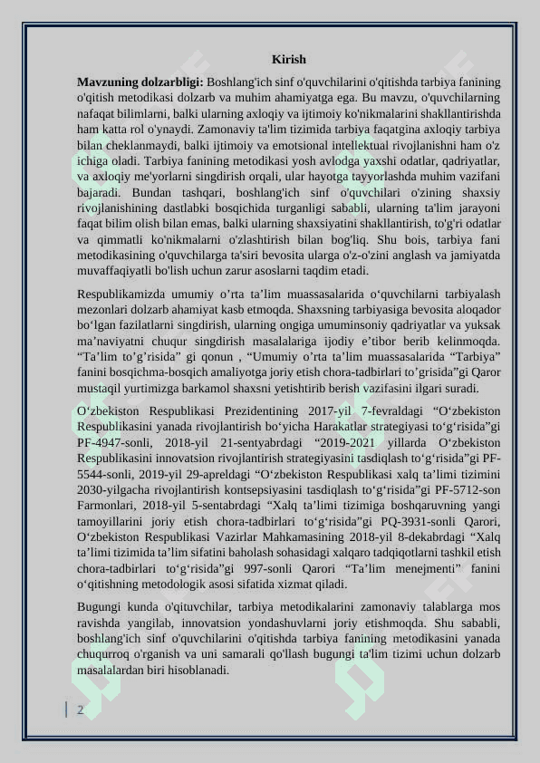 Boshlangich sinf o’quvchilarini o’qitishda tarbiya fanini o’qitish metodikasining o’ziga xosligi 2