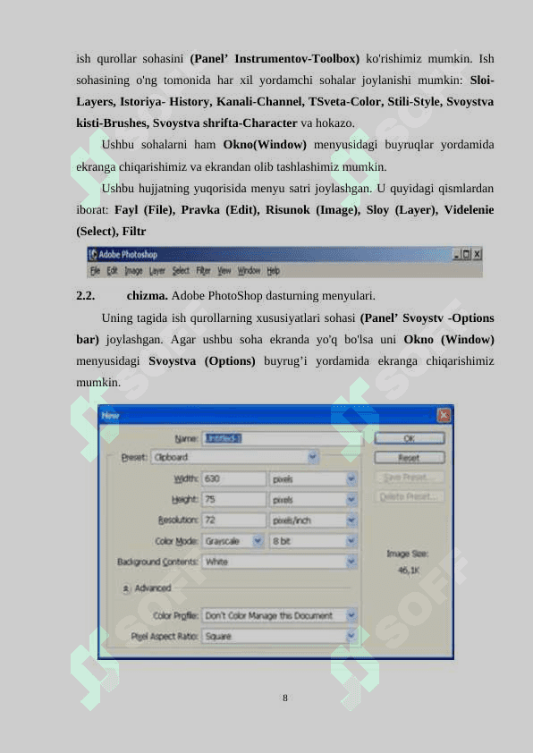 ADOBE PHOTOSHOP DASTURNING HUJJATLAR BILAN ISHLASH 8