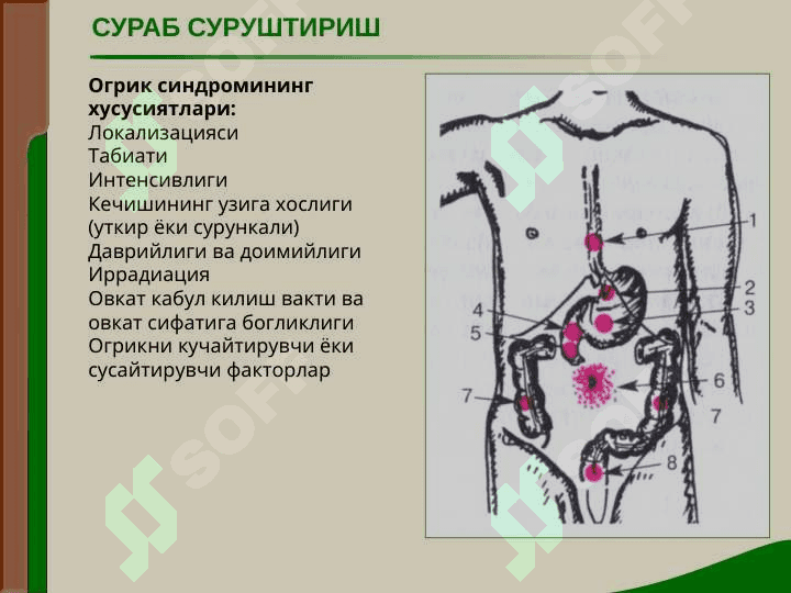 ОВКАТ ХАЗМ КИЛИШ АЪЗОЛАРИ КАСАЛЛИКЛАРИ БУЛГАН БЕМОРЛАРНИ ТЕКШИРИШ. СУРАБ СУРУШТИРИШ, КУЗДАН КЕЧИРИШ, КОРИН ПАЛЬПАЦИЯСИ. 3