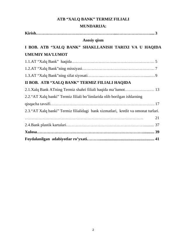 XALQ BANK TERMIZ FILIALI amaliyot hisoboti