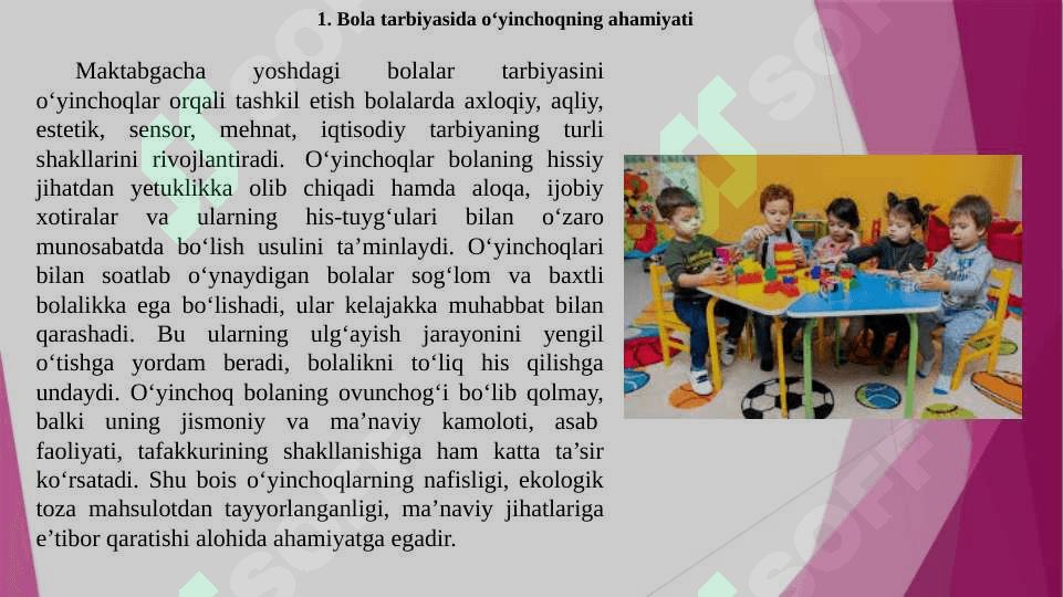 Bola tarbiyasida o‘yinchoqning ahamiyati. O‘yinchoq turlari, o‘yinchoqqa qo‘yiladigan talablar. Kartoteka tayyorlash tartibi. Ta’limiy o‘yinlar kartotekasini tayyorlash. O‘yin bola faoliyatining asosiy turi, o‘yinning kelib chiqish tarixi. 2