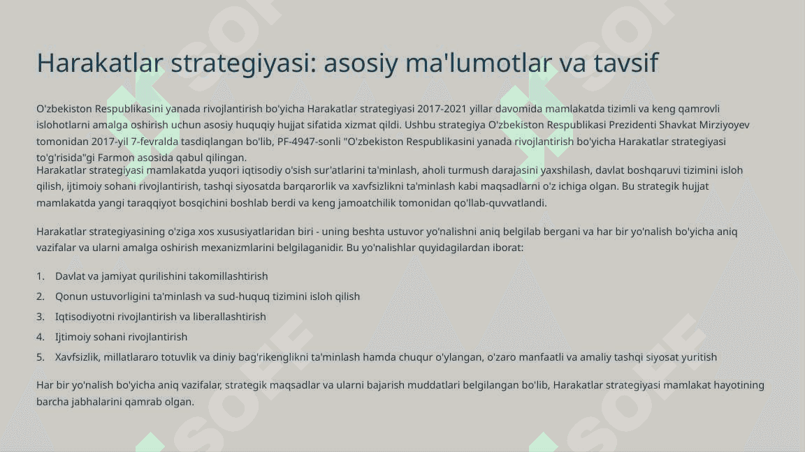 Mamlakatni modernizatsiyalash jarayonining 2017-2021 yillarda rivojlantirishning ustuvor yo'nalishlari 2