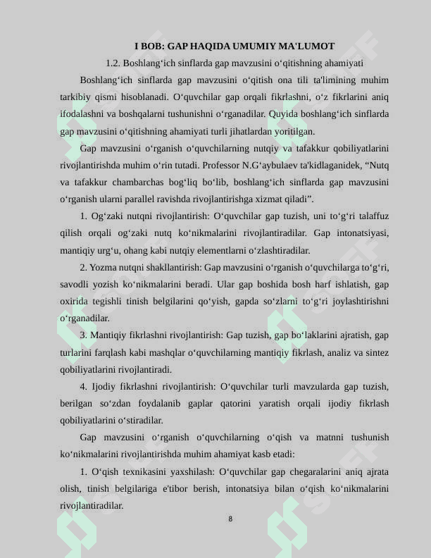 Ona tili  darslarida "Gap va uning turlari" mavzusini òrganish 8