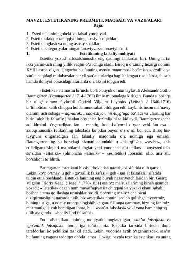 ESTETIKANING PREDMETI, MAQSADI VA VAZIFALARI