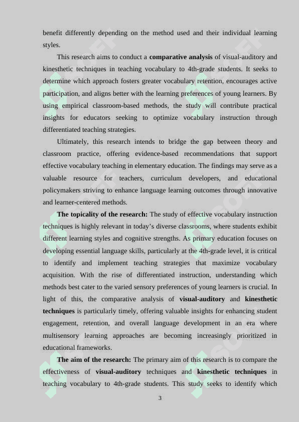 COMPARATIVE ANALYSIS OF VISUAL AUDITORY AND KINESTHETIC TECHNIQUES IN VOCABULARY INSTRUCTION FOR 4TH GRADERS 3