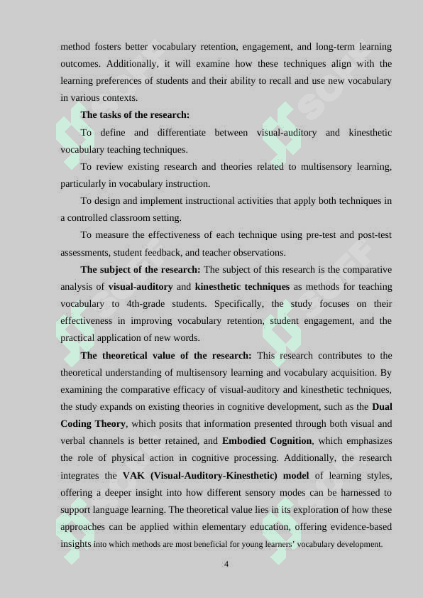 COMPARATIVE ANALYSIS OF VISUAL AUDITORY AND KINESTHETIC TECHNIQUES IN VOCABULARY INSTRUCTION FOR 4TH GRADERS 4