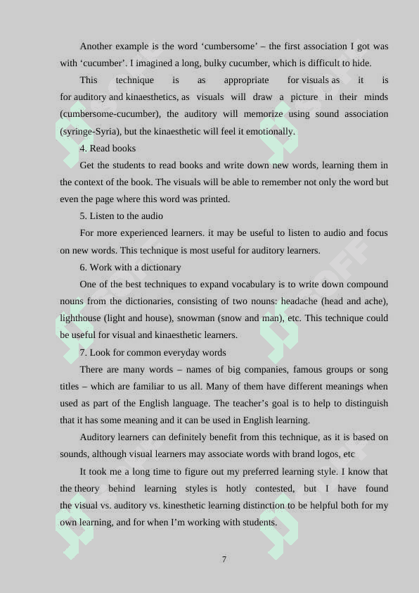 COMPARATIVE ANALYSIS OF VISUAL AUDITORY AND KINESTHETIC TECHNIQUES IN VOCABULARY INSTRUCTION FOR 4TH GRADERS 7