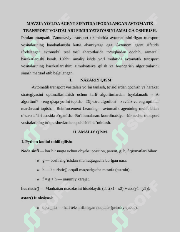 YO‘LDA AGENT SIFATIDA IFODALANGAN AVTOMATIK TRANSPORT VOSITALARI SIMULYATSIYASINI AMALGA OSHIRISH 2