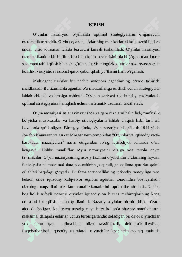 Multiagent o‘yinlar va strategiya. Multiagent tizimlar uchun o‘yin nazariyasi. Nash muvozanati va Pareto optimalligi 3