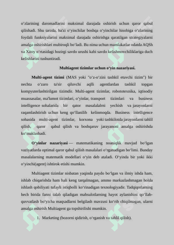Multiagent o‘yinlar va strategiya. Multiagent tizimlar uchun o‘yin nazariyasi. Nash muvozanati va Pareto optimalligi 4
