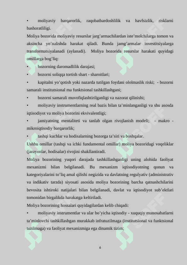 MOLIYA BOZORINING MAZMUNI, IQTISОDIYOTDAGI AHAMIYATI VA O’RNI. 6