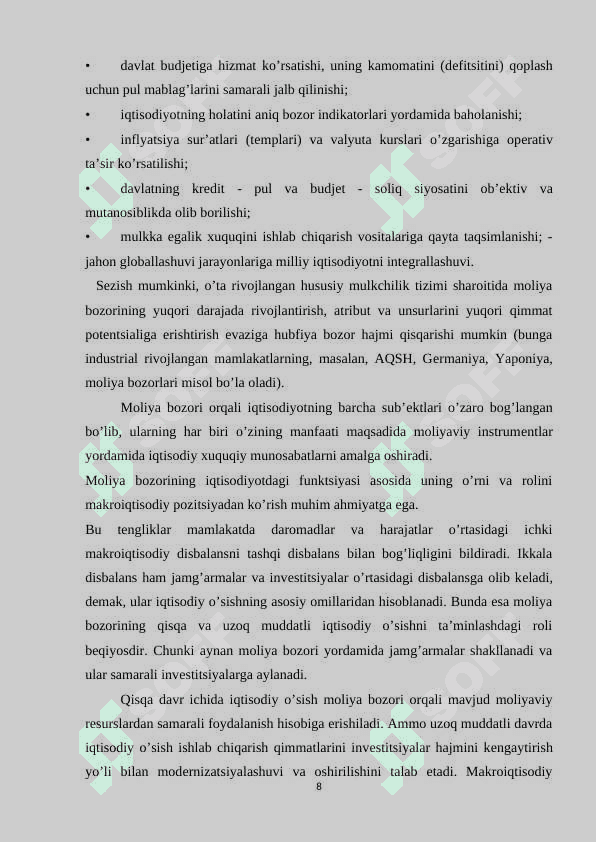 MOLIYA BOZORINING MAZMUNI, IQTISОDIYOTDAGI AHAMIYATI VA O’RNI. 8