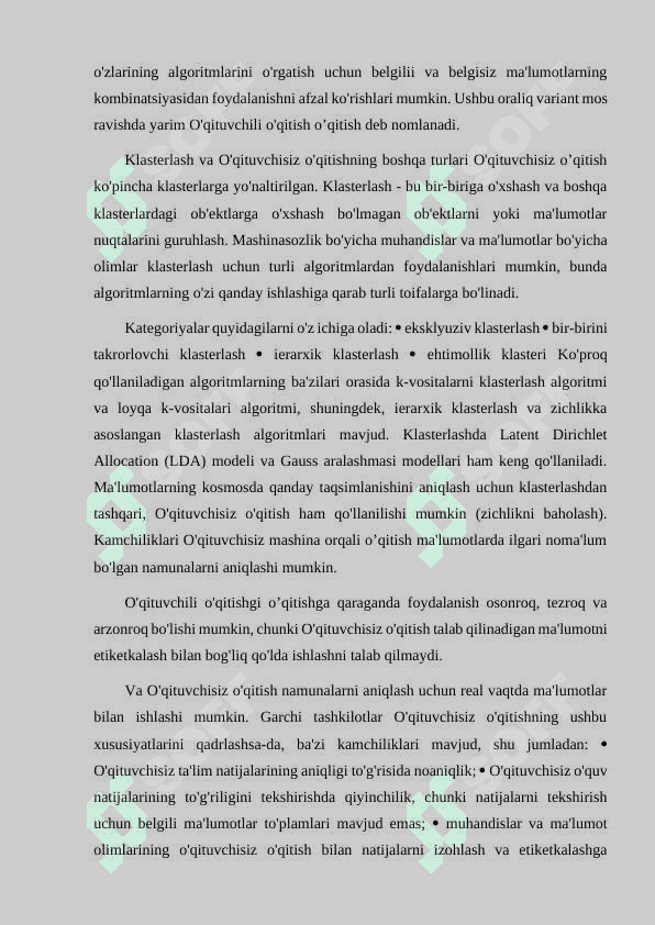 O‘QITUVCHISIZ O‘QITISH. KLASTERLASH MUAMMOSINI K-MEANS ALGORITMI ASOSIDA YECHISH. 5