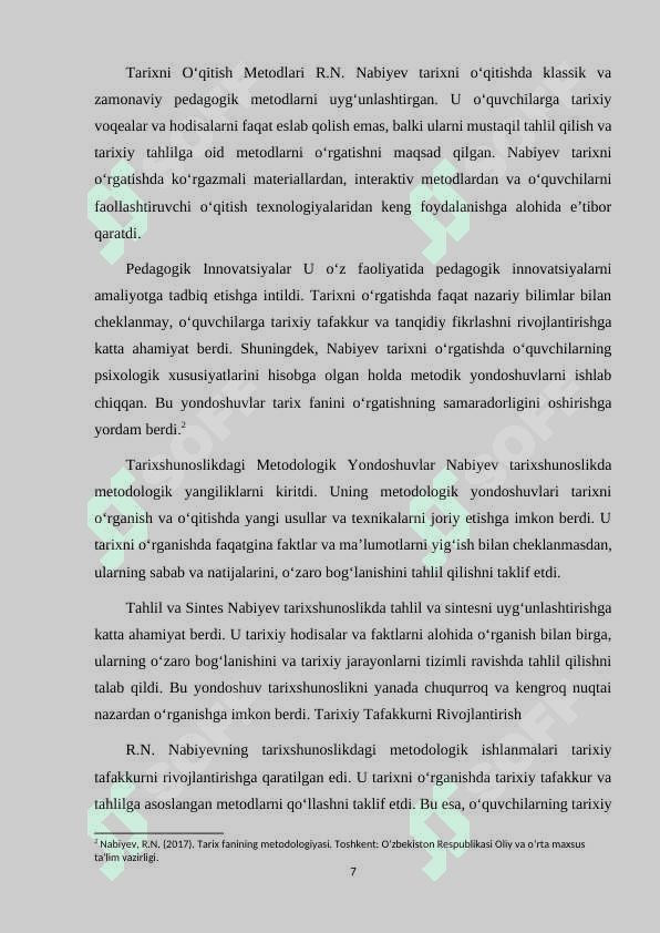 R.N.NABIYEVNING TARIX FANINING RIVOJLANISHIGA QO'SHGAN HISSASI 7