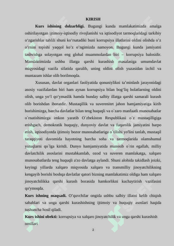 O‘ZBEKISTON RESPUBLIKASI “KORRUPSIYAGA QARSHI KURASHISH TO‘G‘RISIDA”GI QONUNNING MAZMUN-MOHIYATI, AHOLINING HUQUQIY ONGI VA HUQUQIY 2