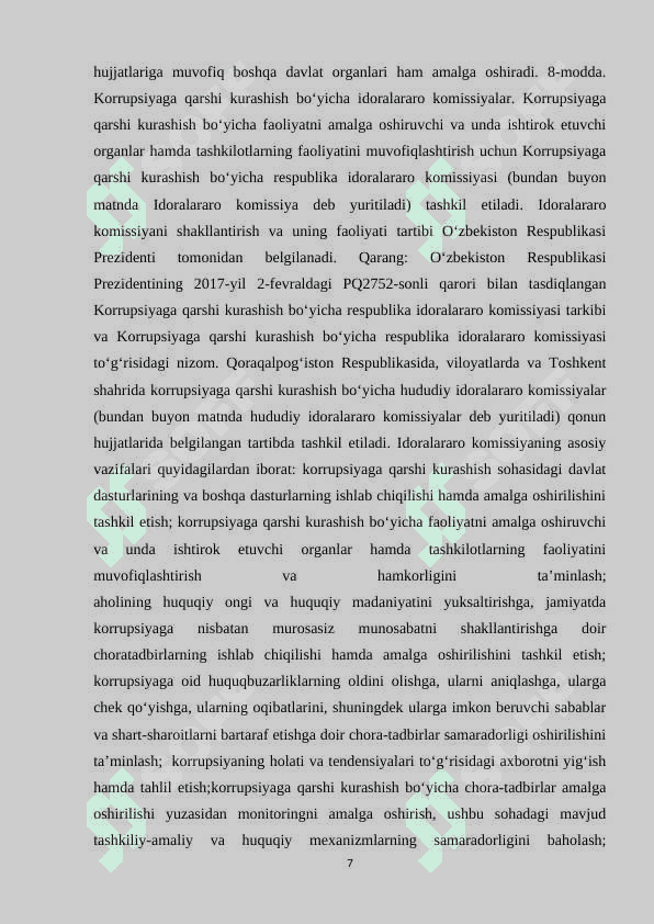 O‘ZBEKISTON RESPUBLIKASI “KORRUPSIYAGA QARSHI KURASHISH TO‘G‘RISIDA”GI QONUNNING MAZMUN-MOHIYATI, AHOLINING HUQUQIY ONGI VA HUQUQIY 7