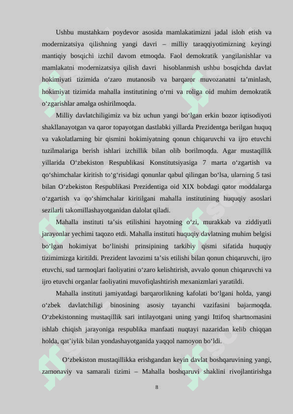 O‘zbekiston Respublikasida mahalla institutining tashkil topishi                                    nnnnnn 8