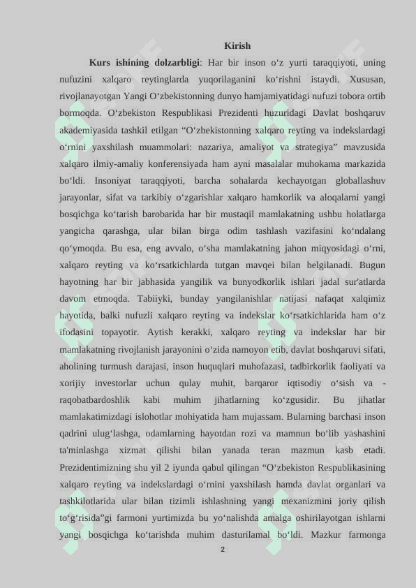 O‘zbekiston Respublikasining xalqaro reyting va indekslardagi o‘rni va nufuzining ortib borishi 2