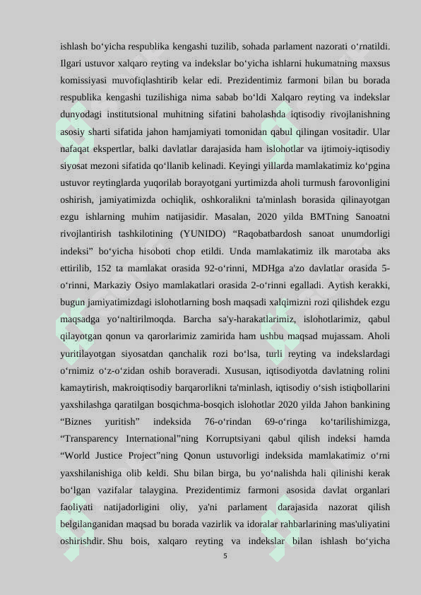 O‘zbekiston Respublikasining xalqaro reyting va indekslardagi o‘rni va nufuzining ortib borishi 5