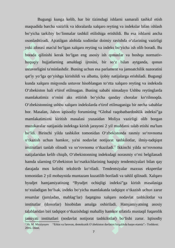 O‘zbekiston Respublikasining xalqaro reyting va indekslardagi o‘rni va nufuzining ortib borishi 7