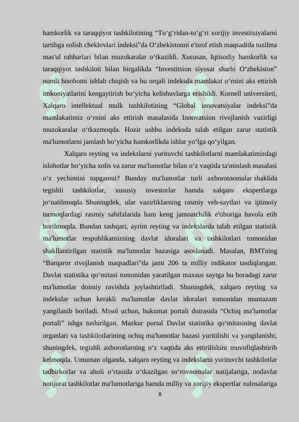 O‘zbekiston Respublikasining xalqaro reyting va indekslardagi o‘rni va nufuzining ortib borishi 8