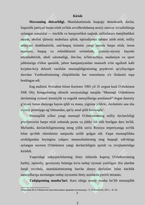 O‘zbekistonning tinchliksevar tashqi siyosati va uning jahon hamjamiyati tomonidan tan olinishi. 2