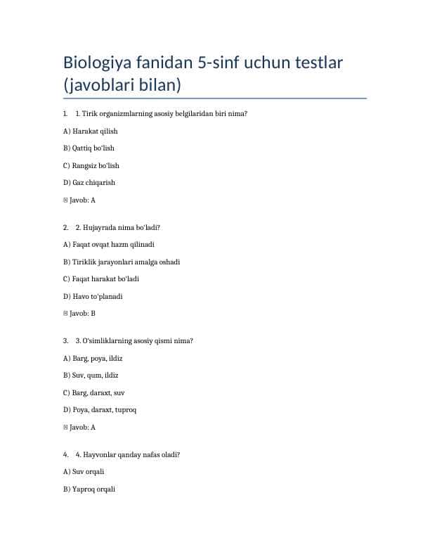 5-sinf Biologiya fanidan mavzulashtirilgan testlar