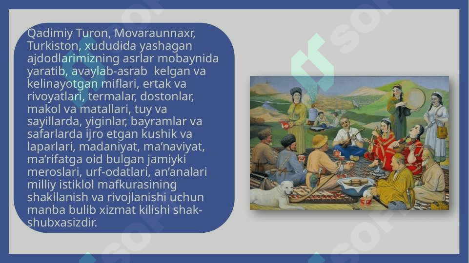 Xalq og‘zaki ijodi namunalari, ularda ma’naviy tarbiyaga doir g‘oyalarning aks etishi  dostonlar, laparlar, ertaklar, matallar, qo‘shiqlar 3