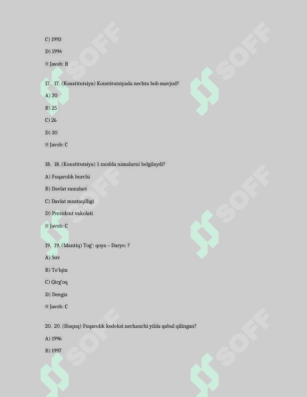 Argos 1000 talik test, javoblari bilan. Davlat xizmatchisi 2024-2025 5