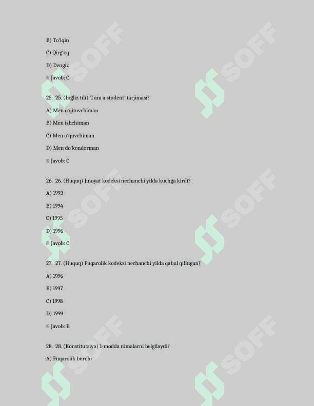 Argos 1000 talik test, javoblari bilan. Davlat xizmatchisi 2024-2025 7