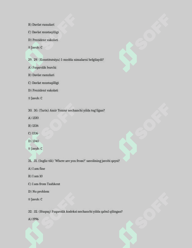 Argos 1000 talik test, javoblari bilan. Davlat xizmatchisi 2024-2025 8